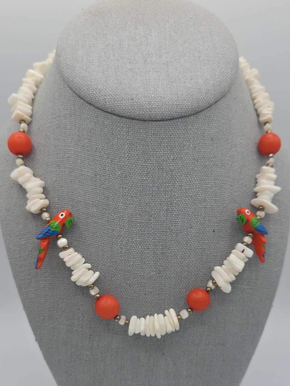 5 for $25! Vintage Hand-Painted Parrot Pendant Shell White Orange Bead Necklace